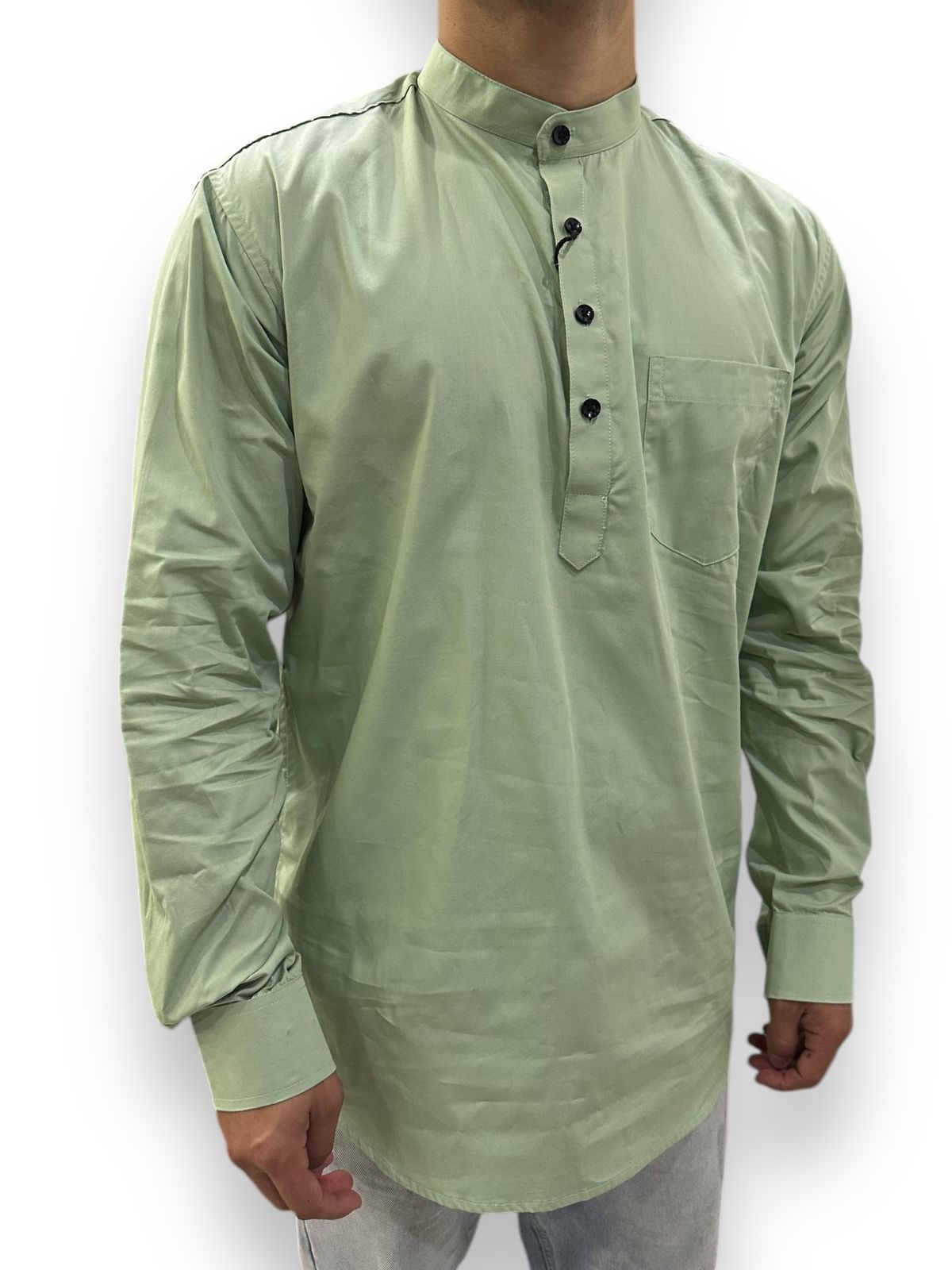 Camisa Verde Agua Hombre Mangas Largas Cuello Chino