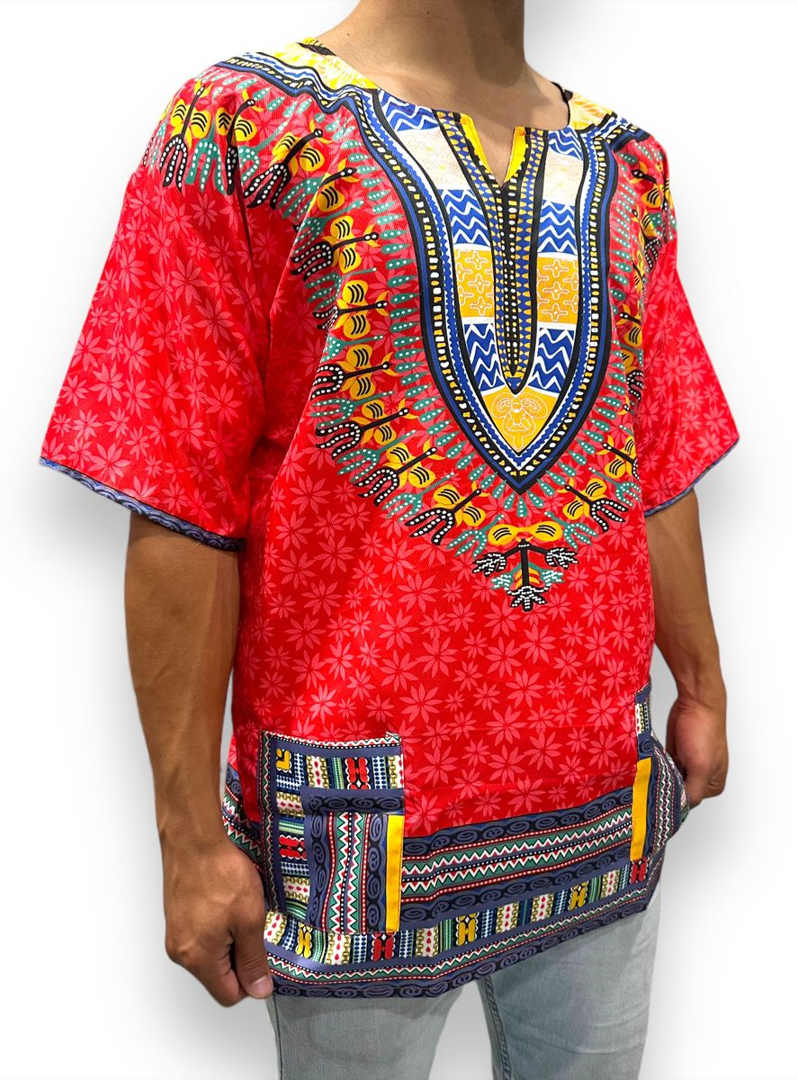 Camisa Dashiki de Hombre con Estampado Afrocaribeño Rojo