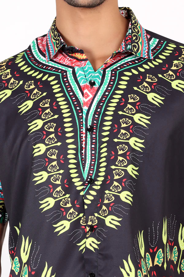 Camisa de Hombre Afrocaribeño Negro de Botones HS402