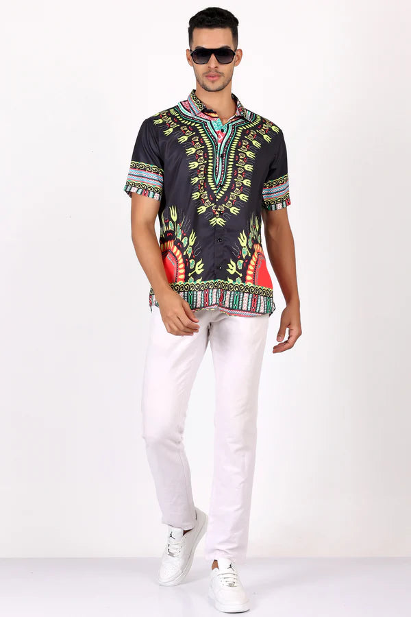 Camisa de Hombre Afrocaribeño Negro de Botones HS402