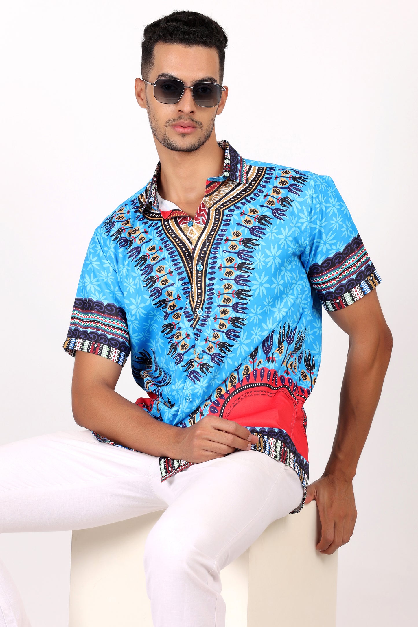 Camisa de Hombre Afrocaribeño Azul de Botones HS402