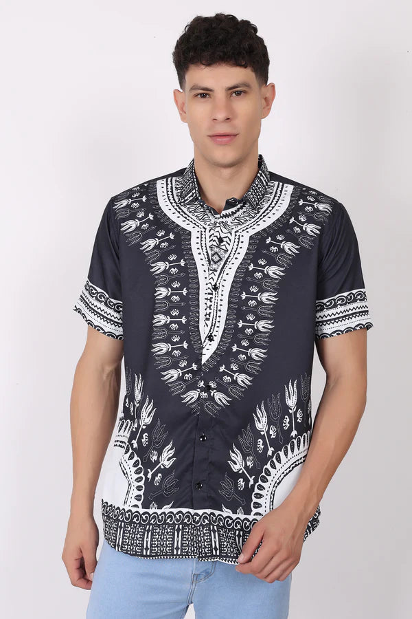 Camisa de Hombre Afrocaribeño Negra de Botones HS402