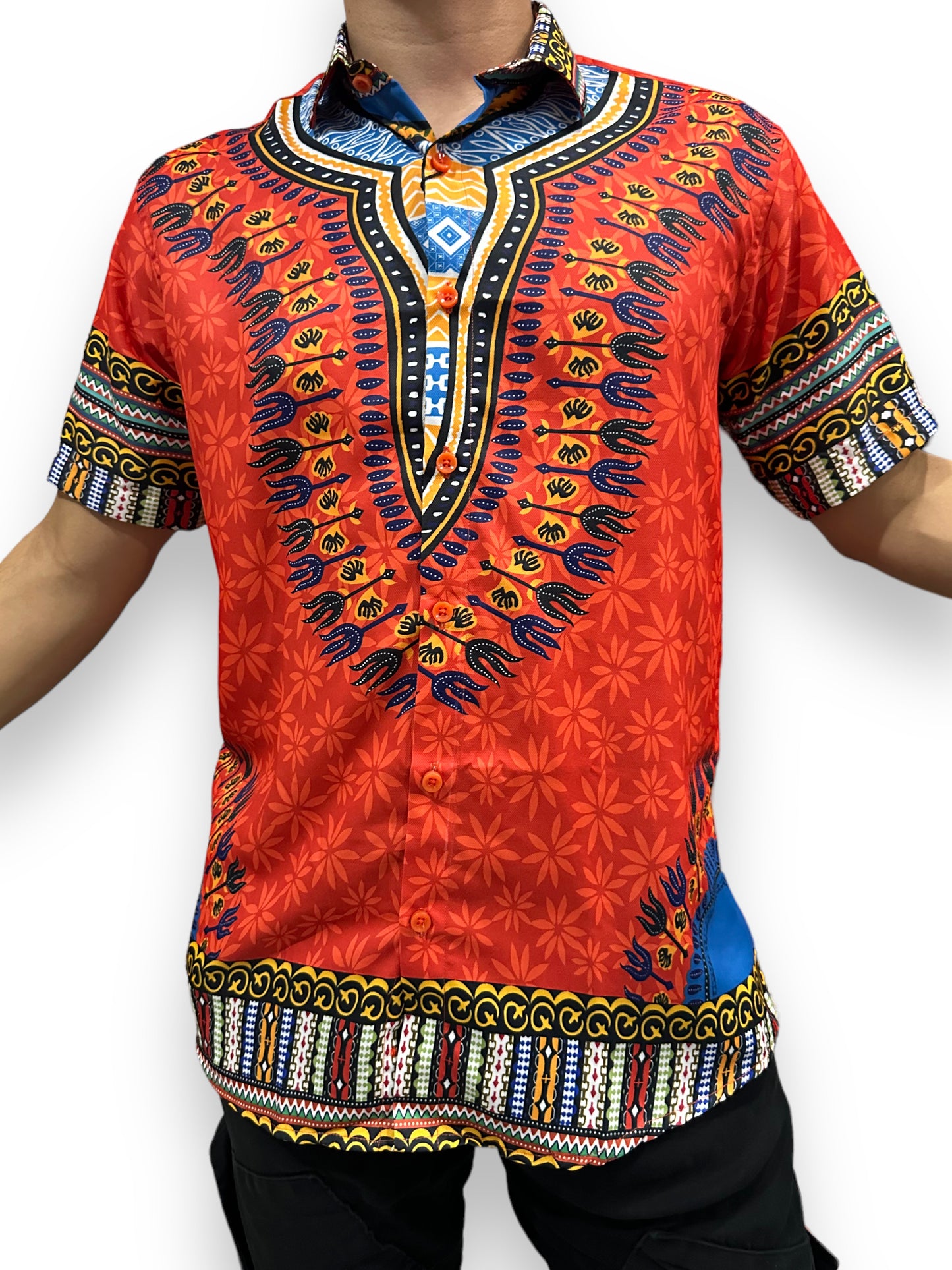 Camisa de Hombre Afrocaribeño Naranja de Botones HS402