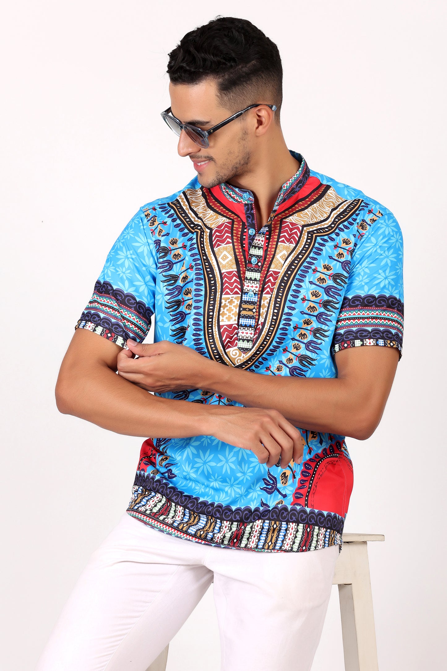 Camisa de Hombre Afrocaribeño Azul de Botones Cuello Chino HS405
