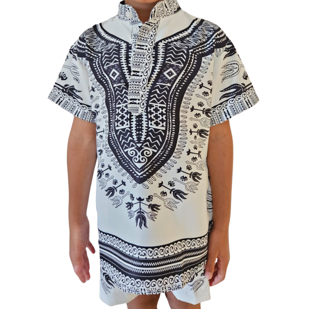 Camisa de Niño Afrocaribeño Blanco de Botones Cuello Chino HSB405