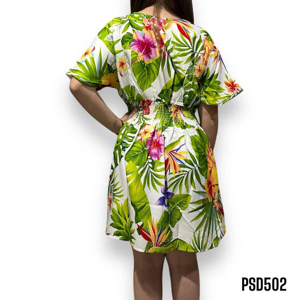 Vestido Corto de Dama Estampado Verde con Mangas