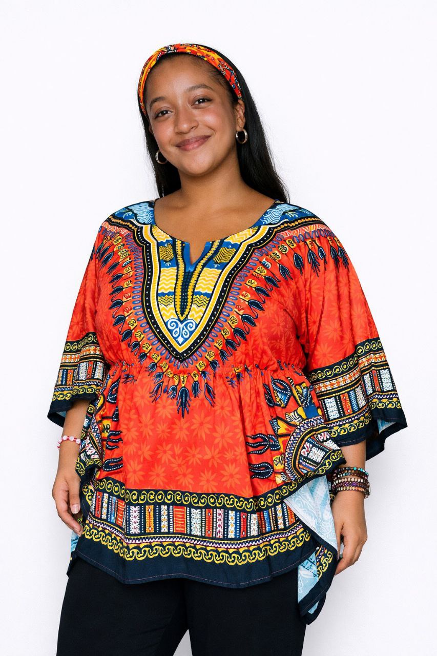 Blusa de Dama Estampado Carnaval Afrocaribeño Naranja