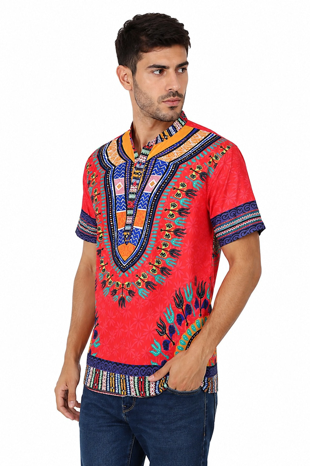 Camisa de Hombre Afrocaribeño Roja de Botones Cuello Chino HS405