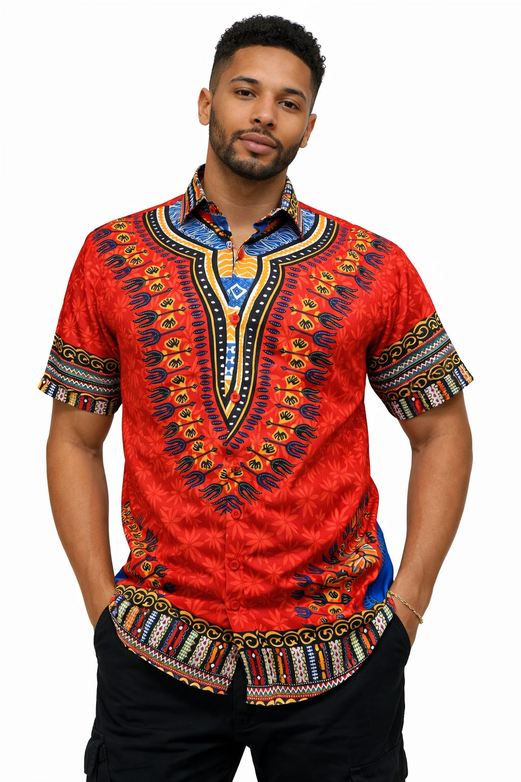 Camisa de Hombre Afrocaribeño Naranja de Botones HS402