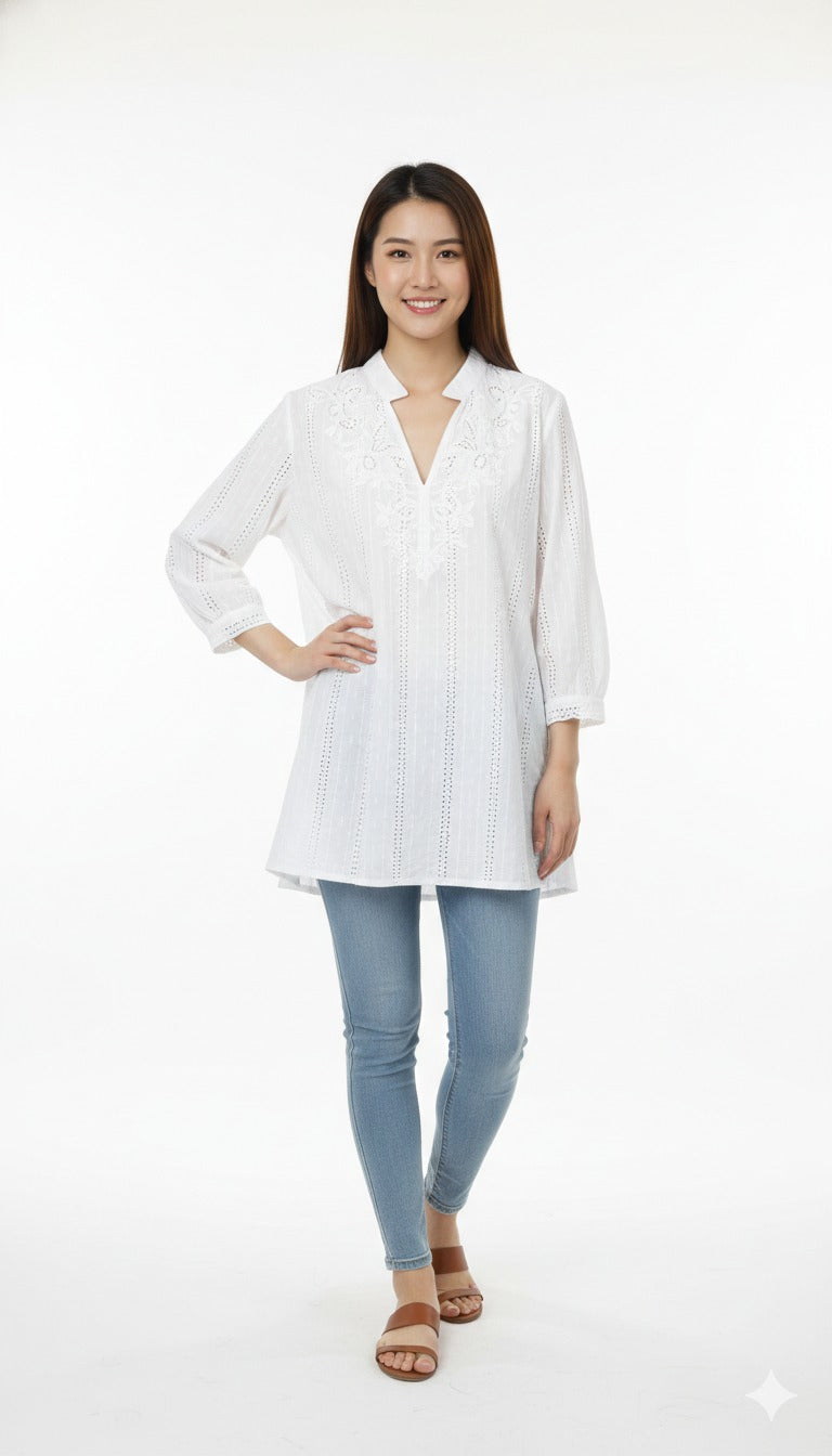 Blusa de Dama Blanca con Bordados Manga 3/4