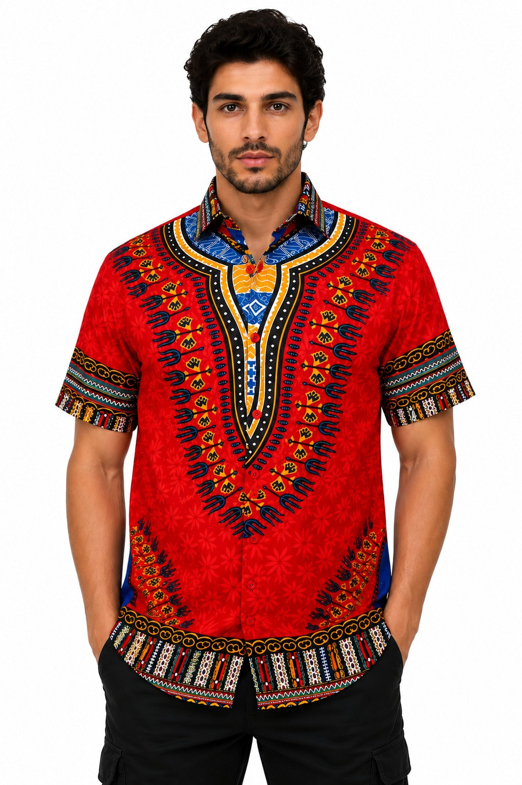 Camisa de Hombre Afrocaribeño Rojo de Botones HS402