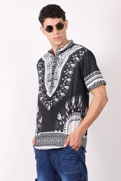Camisa de Hombre Afrocaribeño Negro de Botones con Cuello Chino HS405