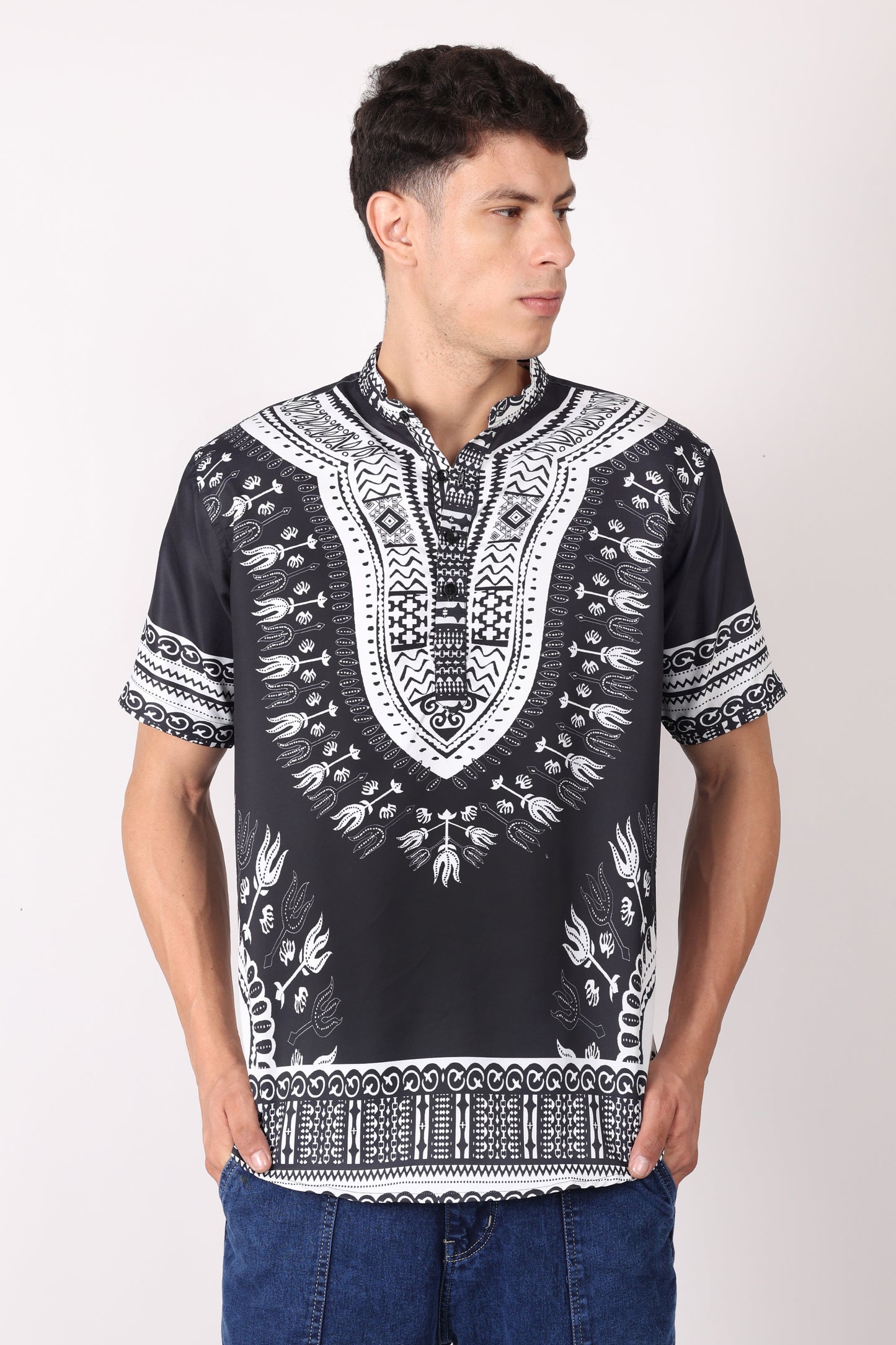 Camisa de Hombre Afrocaribeño Negro de Botones con Cuello Chino HS405