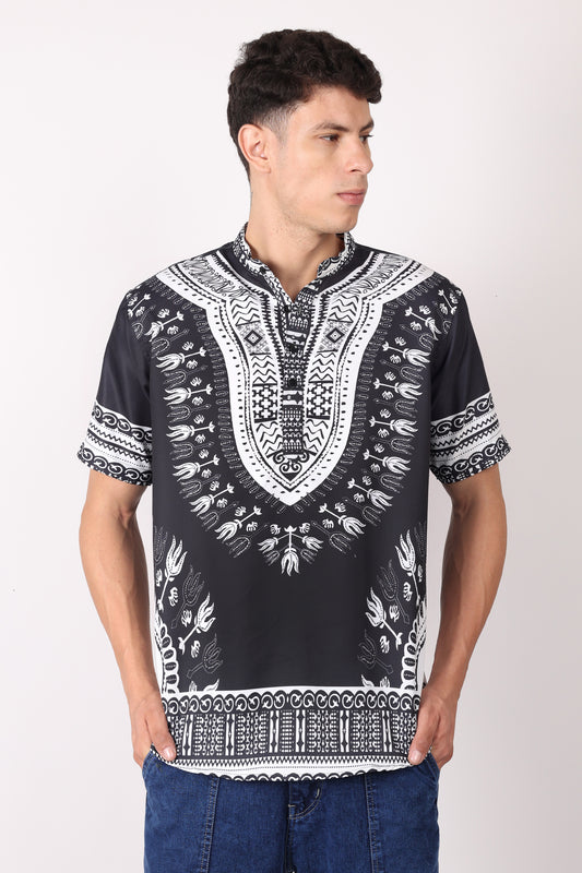 Camisa de Hombre Afrocaribeño Negro de Botones con Cuello Chino HS405