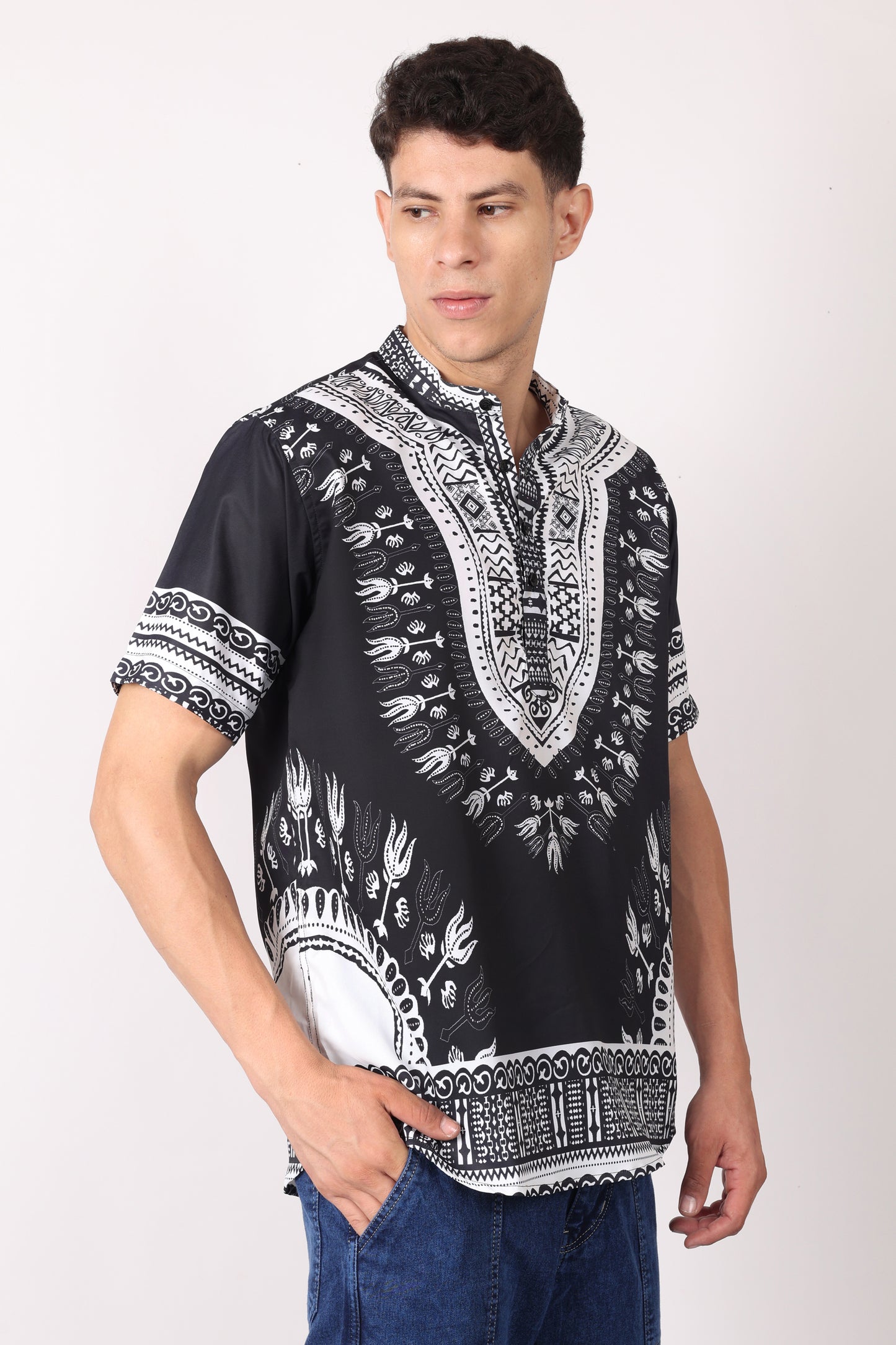 Camisa de Hombre Afrocaribeño Negro de Botones con Cuello Chino HS405