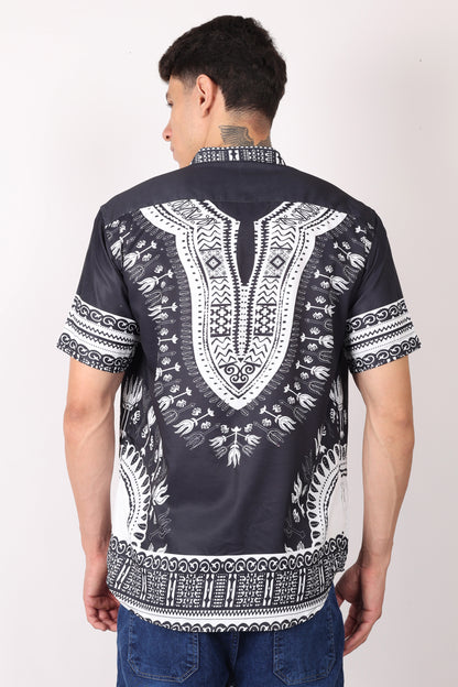 Camisa de Hombre Afrocaribeño Negro de Botones con Cuello Chino HS405