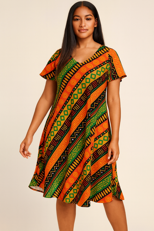 Vestido de Dama Con Mangas Estamapado Carnaval Afrocaribeño
