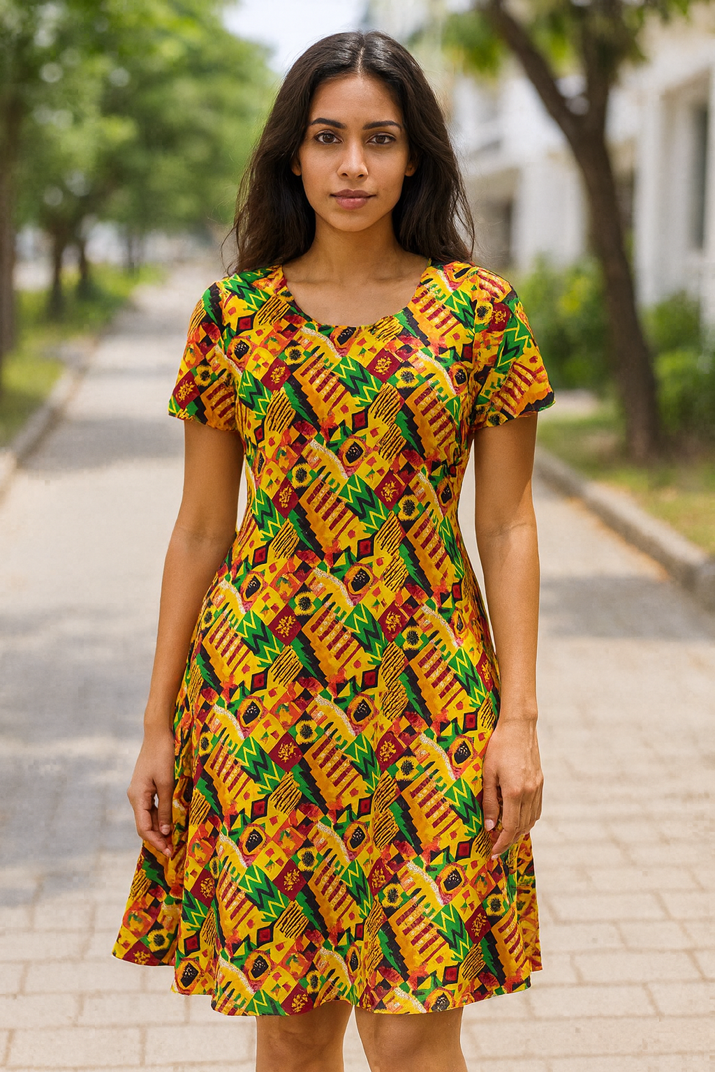 Vestido de Dama Con Mangas Estamapado Carnaval Afrocaribeño