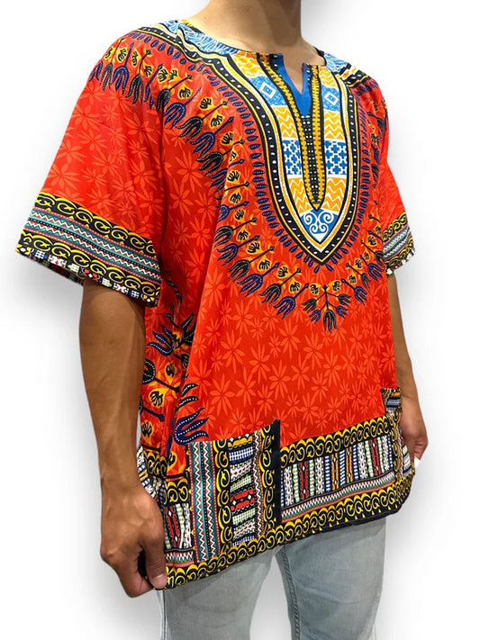 Camisa Dashiki de Hombre con Estampado Afrocaribeño Naranja
