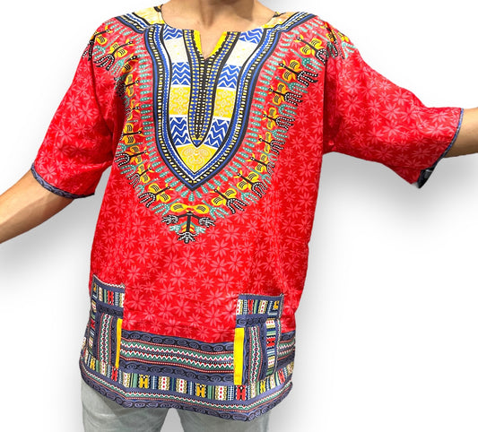 Camisa Dashiki de Hombre con Estampado Afrocaribeño Rojo