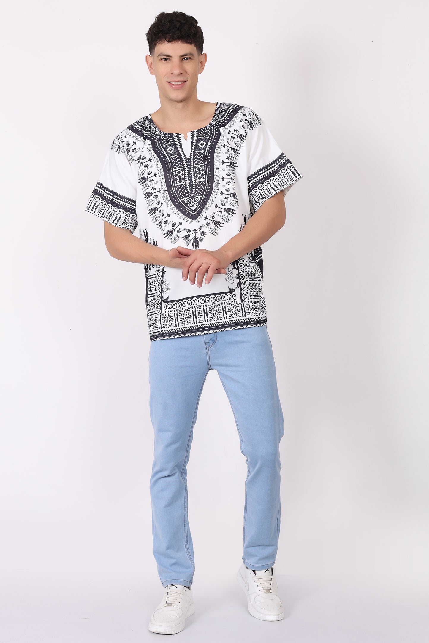 Camisa de Hombre Dashiki Afrocaribeño Estampado Blanco con Negro