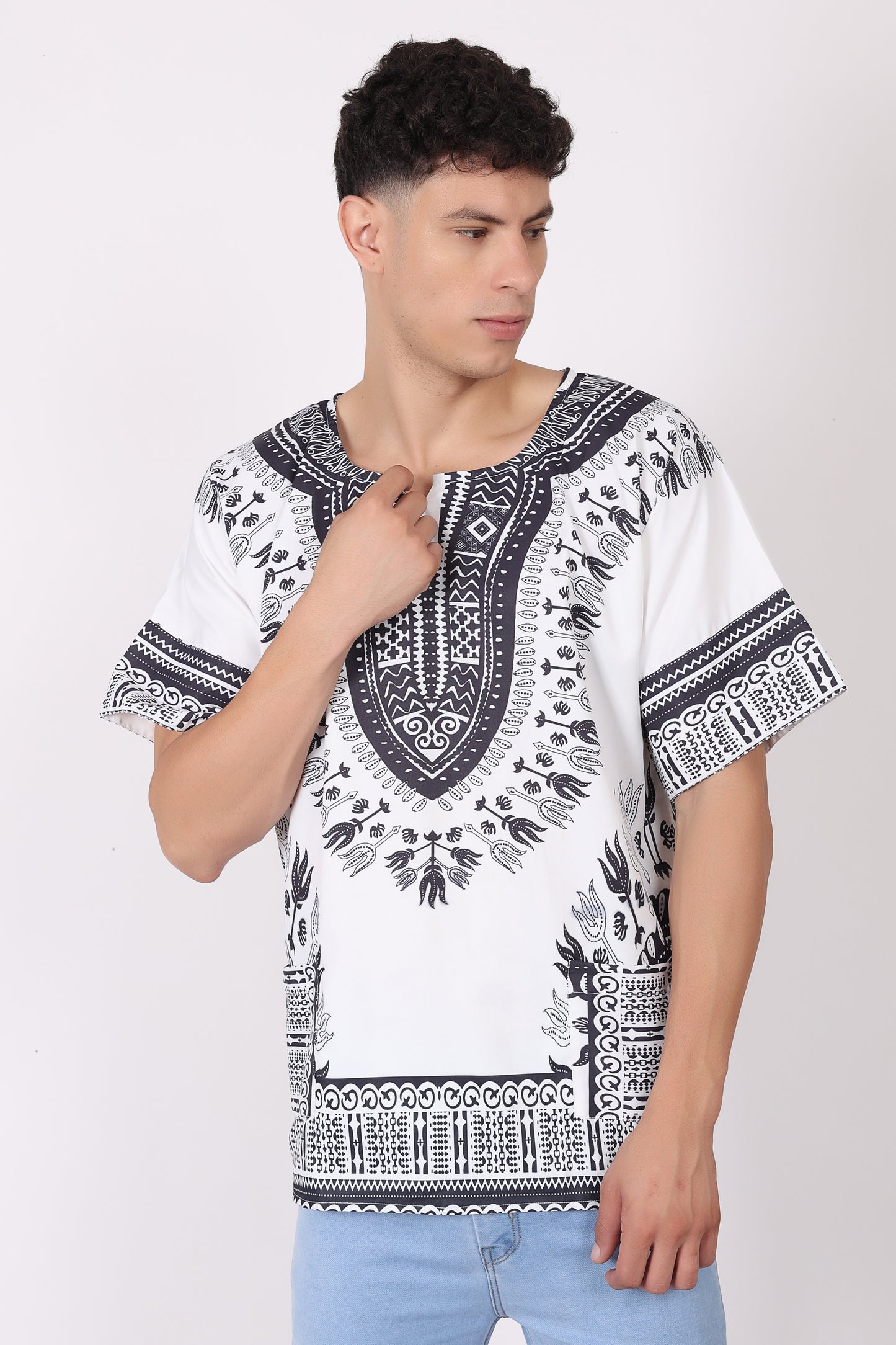 Camisa de Hombre Dashiki Afrocaribeño Estampado Blanco con Negro