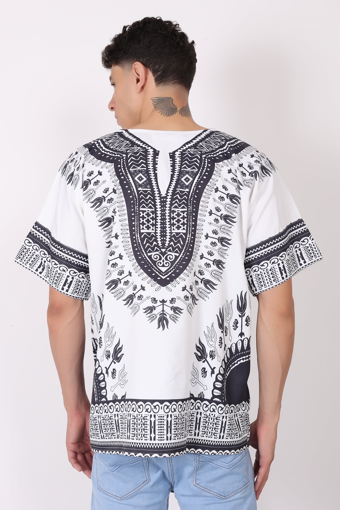 Camisa de Hombre Dashiki Afrocaribeño Estampado Blanco con Negro