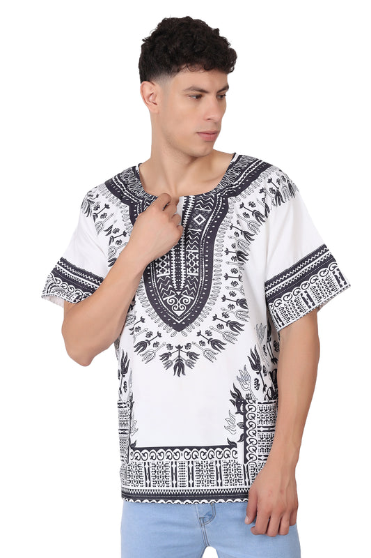 Camisa de Hombre Dashiki Afrocaribeño Estampado Blanco con Negro