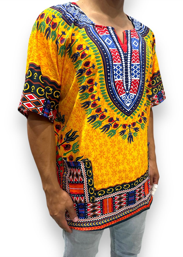 Camisa Dashiki de Hombre con Estampado Afrocaribeño Amarillo