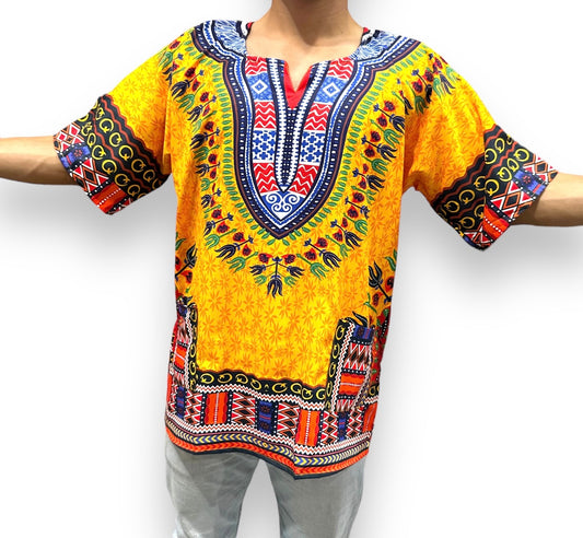 Camisa Dashiki de Hombre con Estampado Afrocaribeño Amarillo
