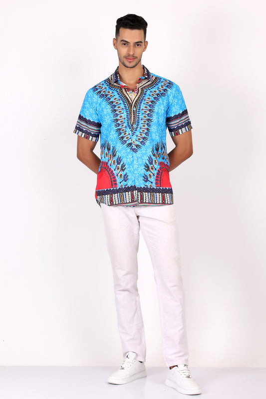 Camisa de Hombre Afrocaribeño Azul de Botones HS402