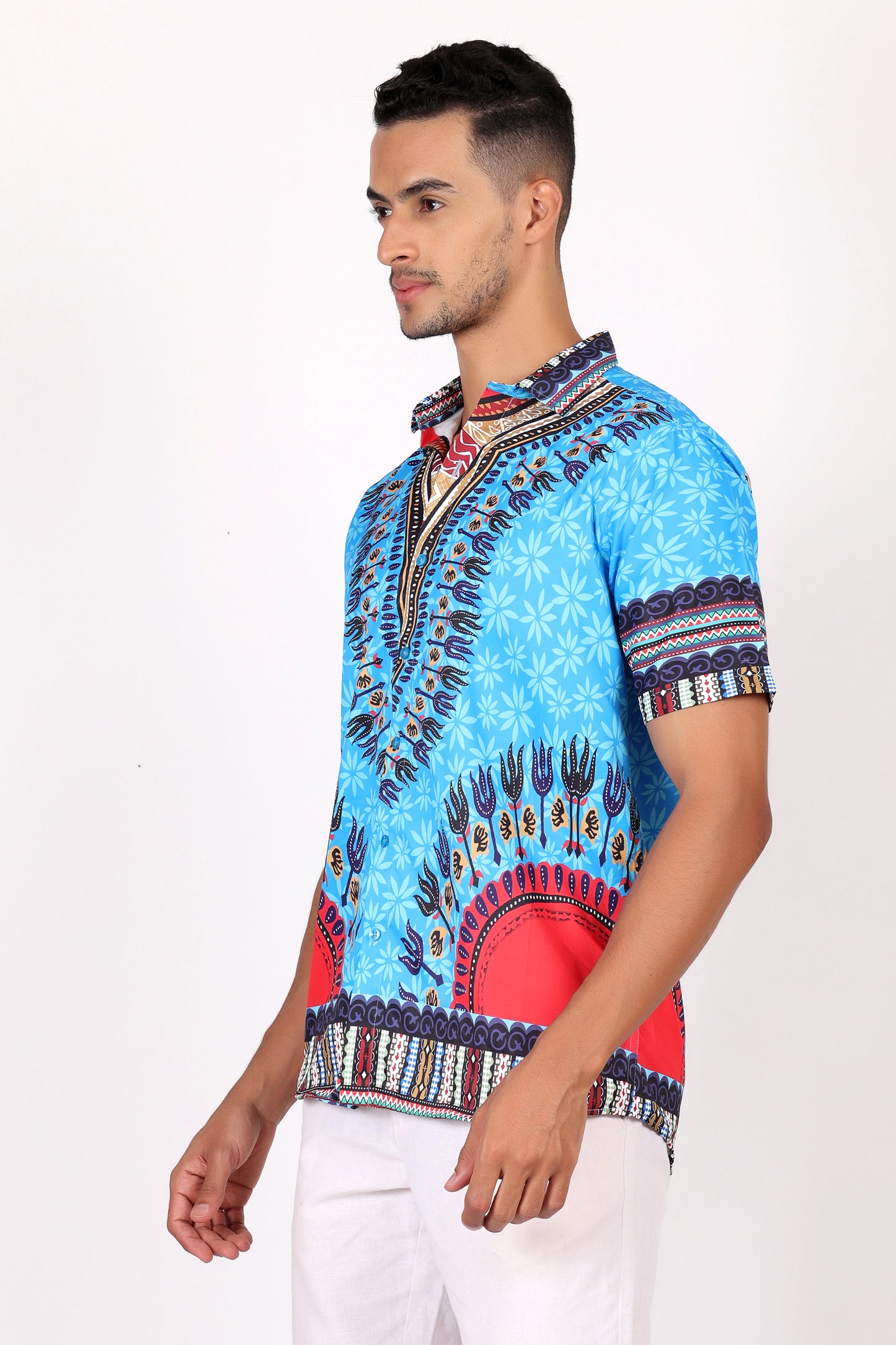 Camisa de Hombre Afrocaribeño Azul de Botones HS402