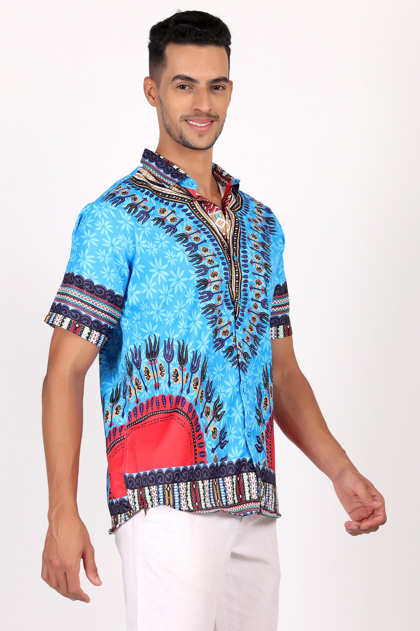 Camisa de Hombre Afrocaribeño Azul de Botones HS402