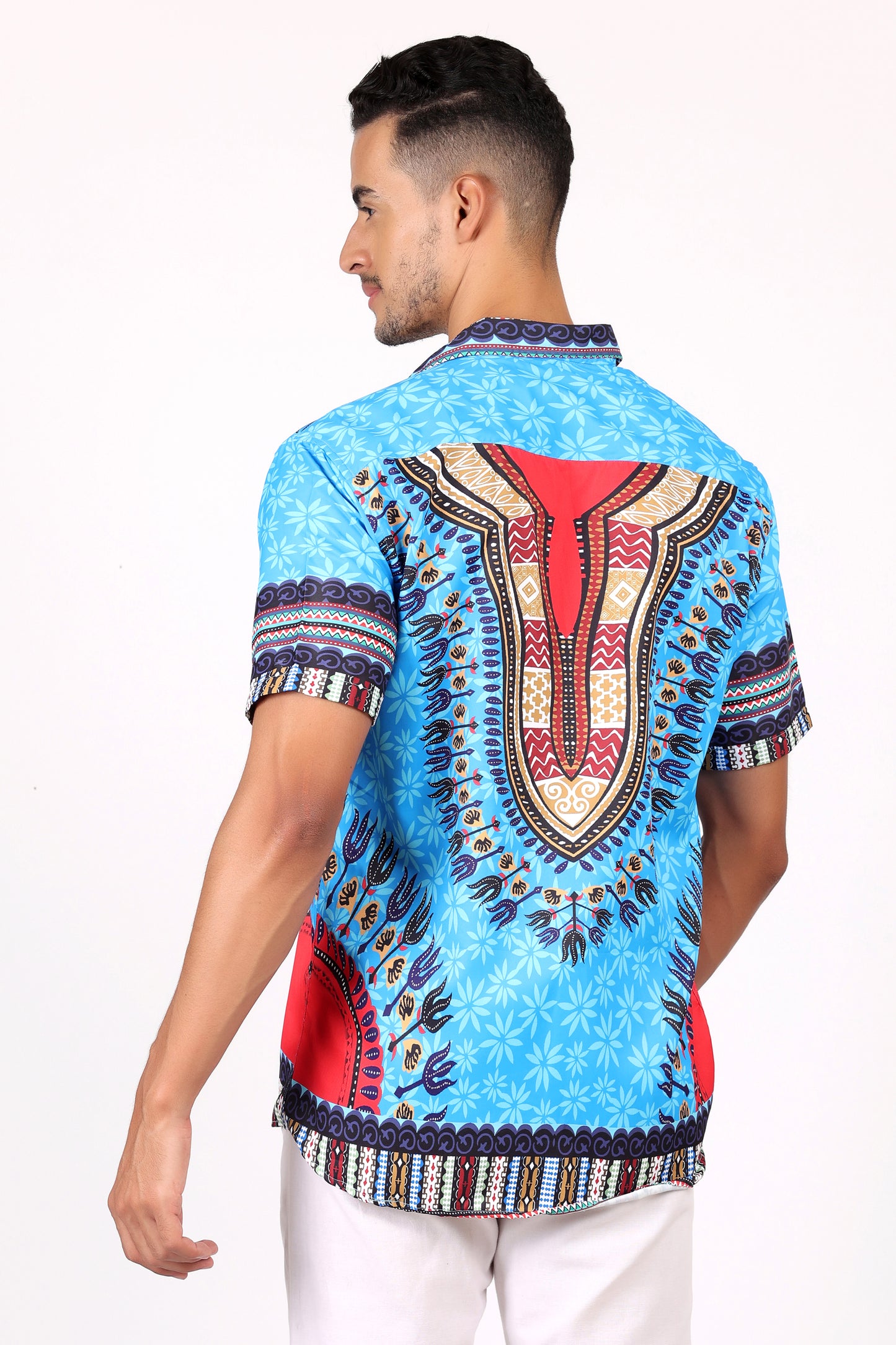 Camisa de Hombre Afrocaribeño Azul de Botones HS402
