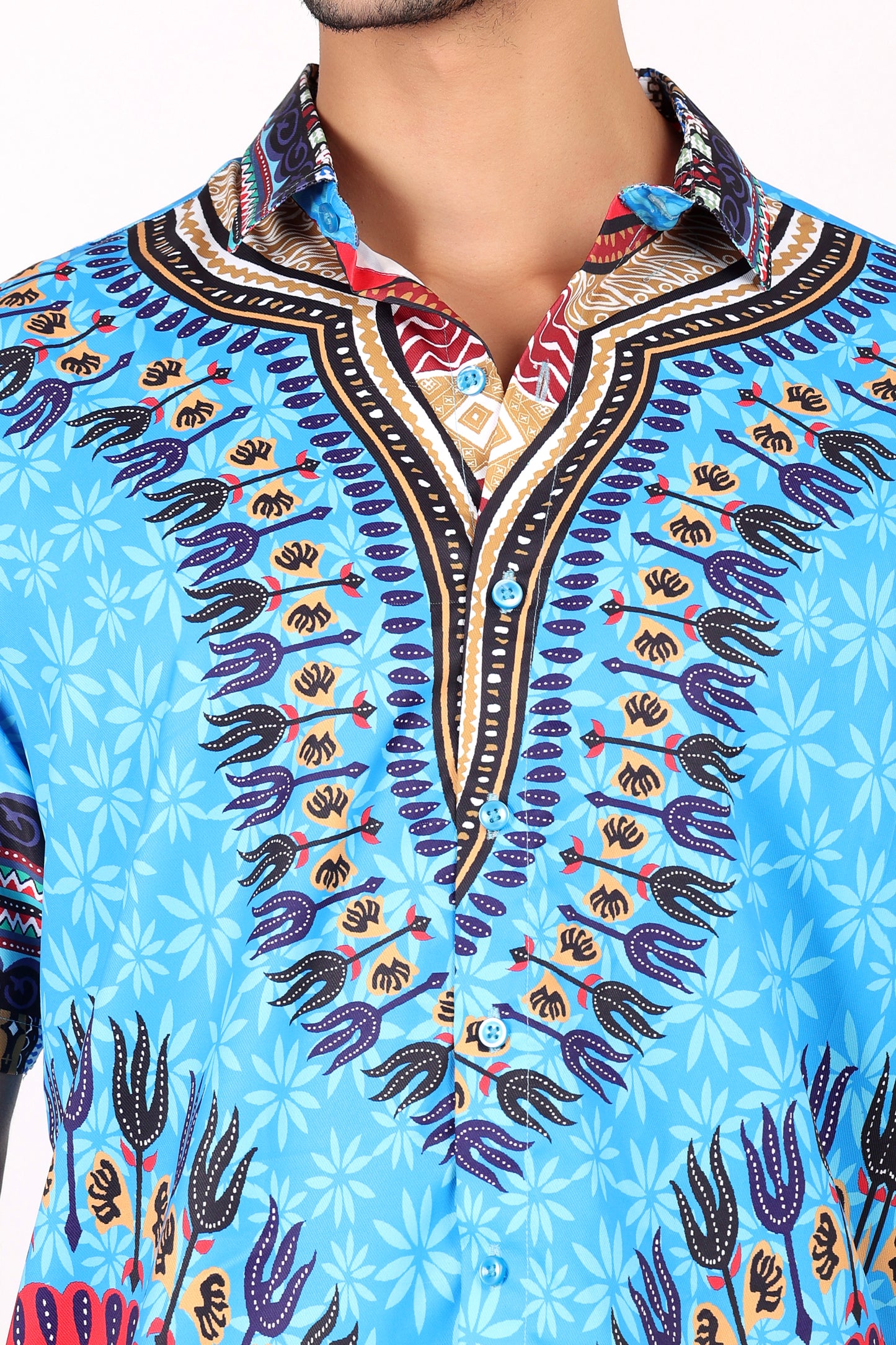 Camisa de Hombre Afrocaribeño Azul de Botones HS402