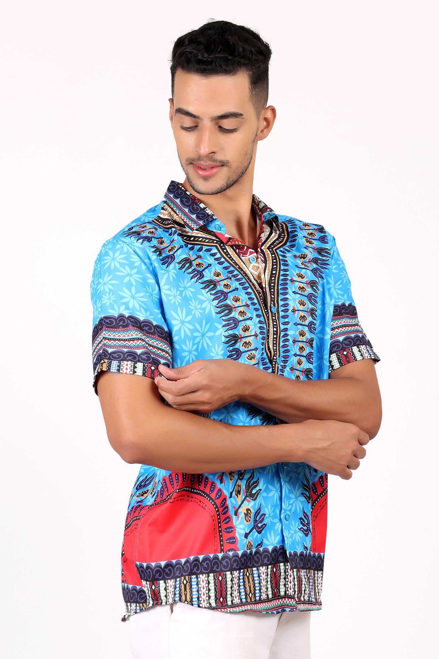 Camisa de Hombre Afrocaribeño Azul de Botones HS402