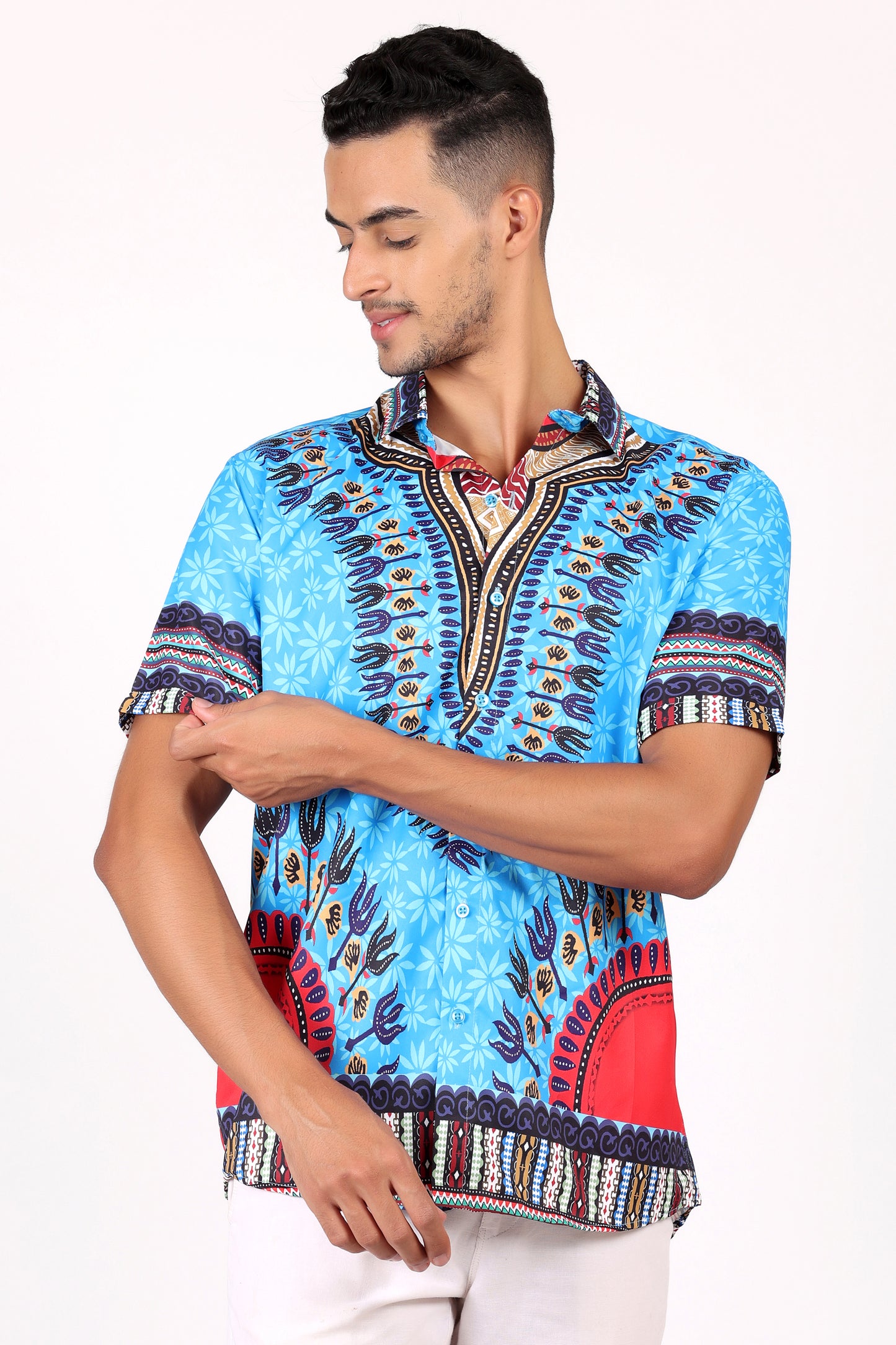 Camisa de Hombre Afrocaribeño Azul de Botones HS402