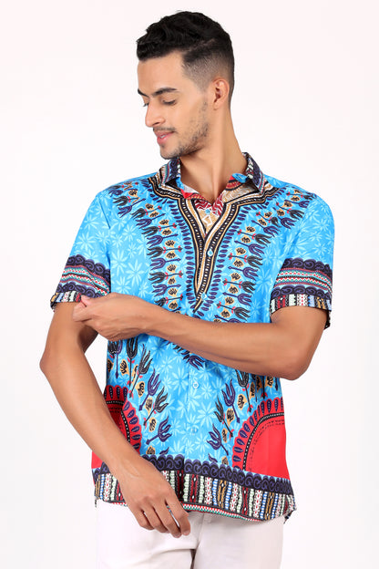 Camisa de Hombre Afrocaribeño Azul de Botones HS402
