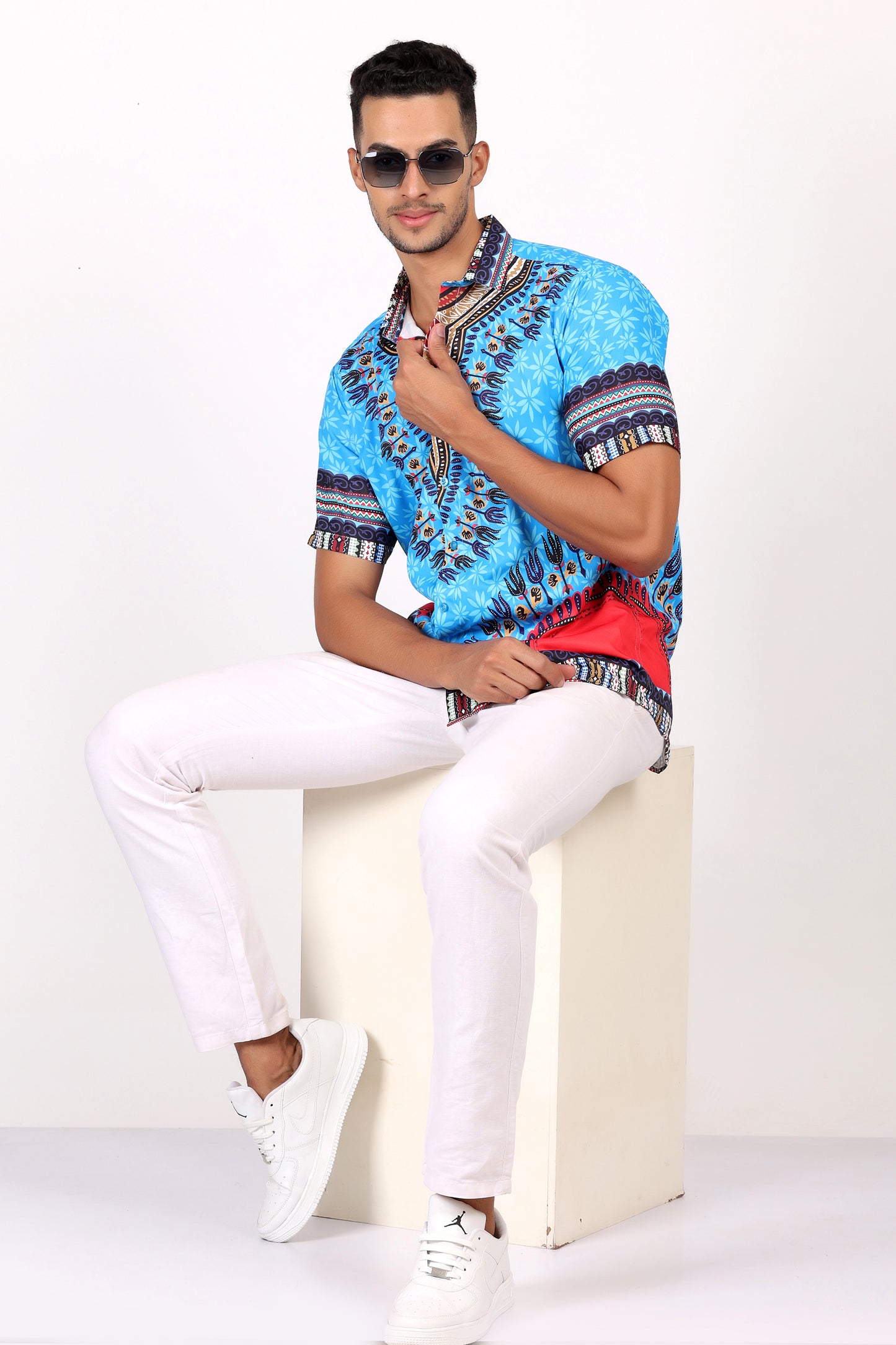 Camisa de Hombre Afrocaribeño Azul de Botones HS402