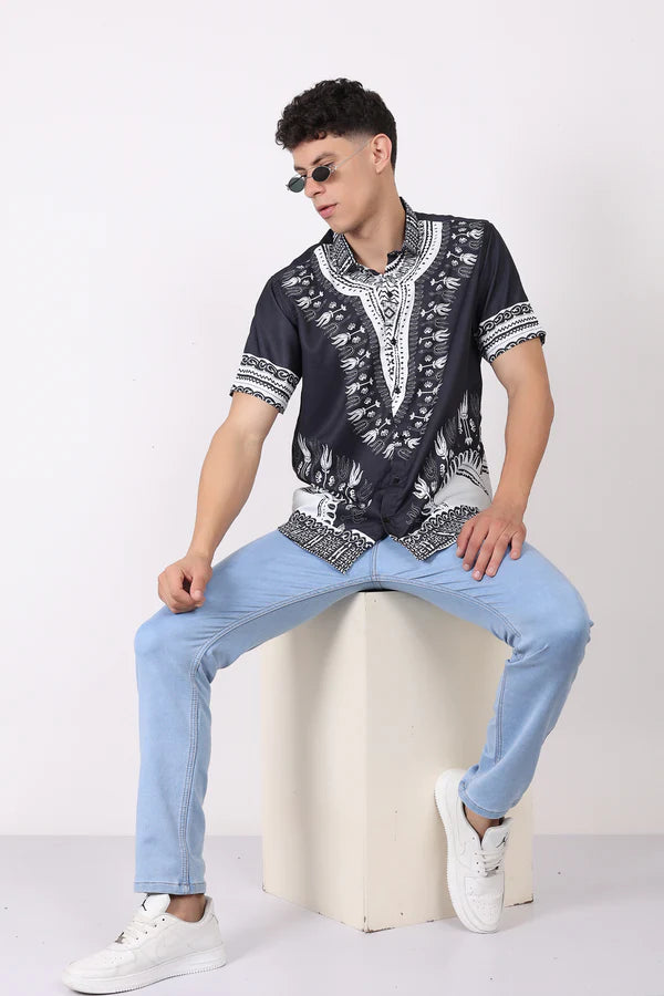 Camisa de Hombre Afrocaribeño Negra de Botones HS402
