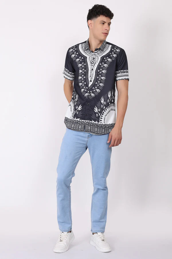 Camisa de Hombre Afrocaribeño Negra de Botones HS402