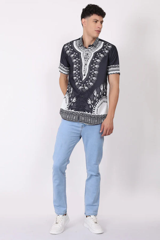 Camisa de Hombre Afrocaribeño Negra de Botones HS402
