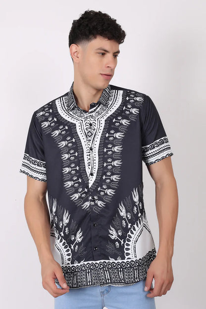 Camisa de Hombre Afrocaribeño Negra de Botones HS402
