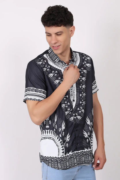Camisa de Hombre Afrocaribeño Negra de Botones HS402