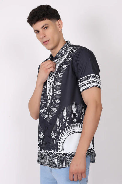 Camisa de Hombre Afrocaribeño Negra de Botones HS402
