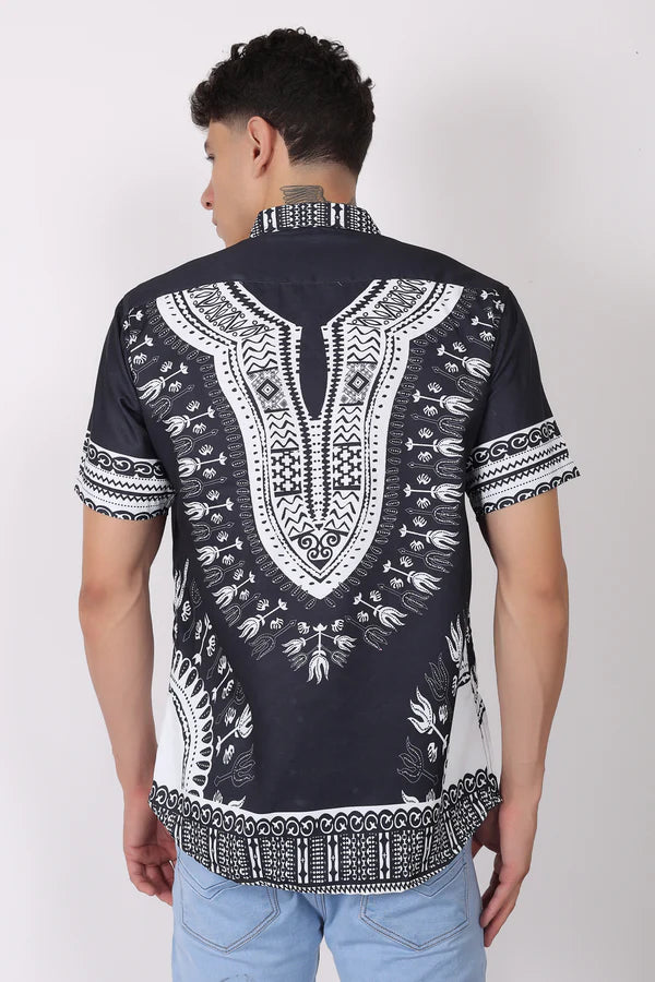 Camisa de Hombre Afrocaribeño Negra de Botones HS402