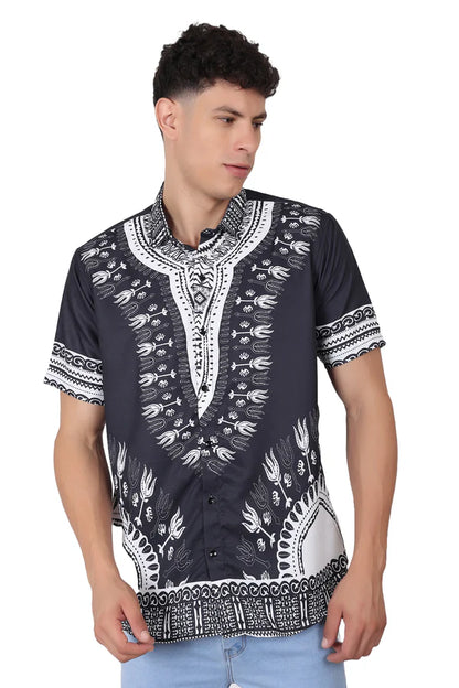 Camisa de Hombre Afrocaribeño Negra de Botones HS402