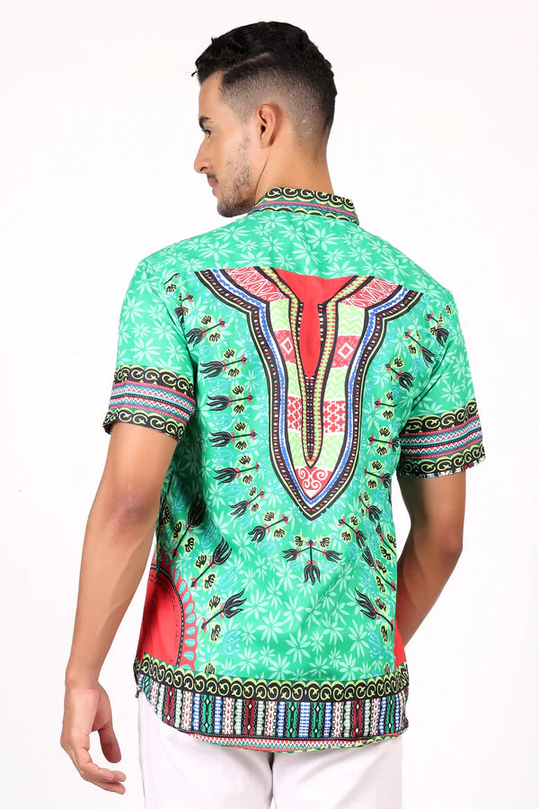 Camisa de Hombre Afrocaribeño Verde de Botones HS402