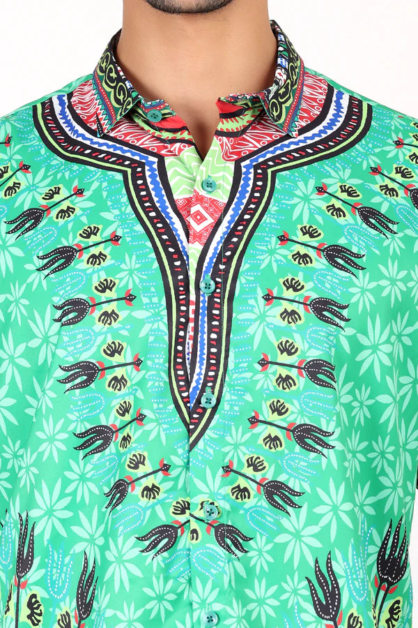 Camisa de Hombre Afrocaribeño Verde de Botones HS402