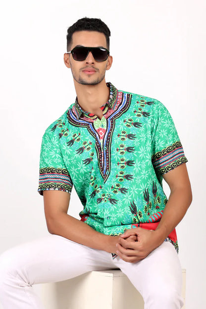 Camisa de Hombre Afrocaribeño Verde de Botones HS402